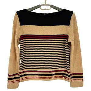 St. John Tan and Navy Striped Crew Neck Sweater